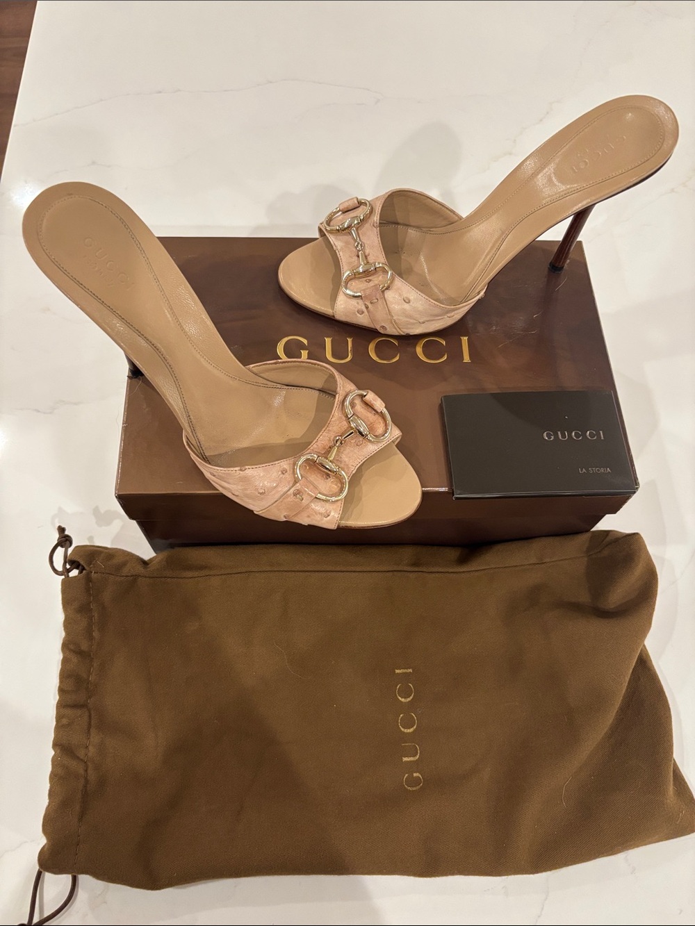 Gucci Sand Pink Leather Horsebit Open-Toe Heeled Slides